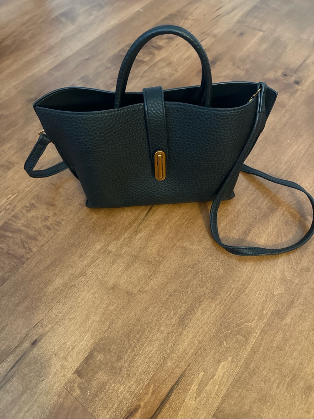 Black Structured Satchel Crossbody Bag Gold Hardware Top Handle